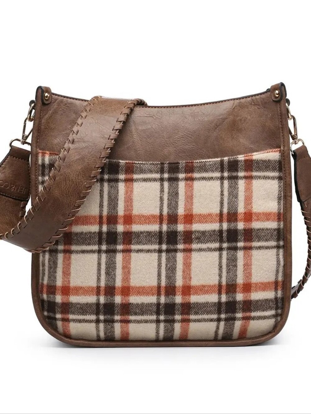 Jen & Co. Chloe Crossbody with Guitar Strap in Plaid Rust Brown New